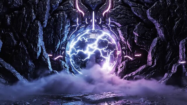 Glowing electric energy sphere portal in dark stone cave with smoke