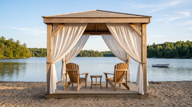 Tranquil lakeside gazebo featuring seating with a view of still water