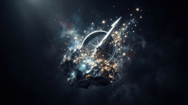 Compass embedded in floating rock with glowing stardust and light particles