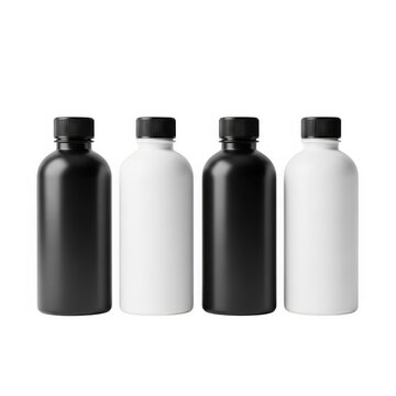 Four plastic bottles with black and white caps