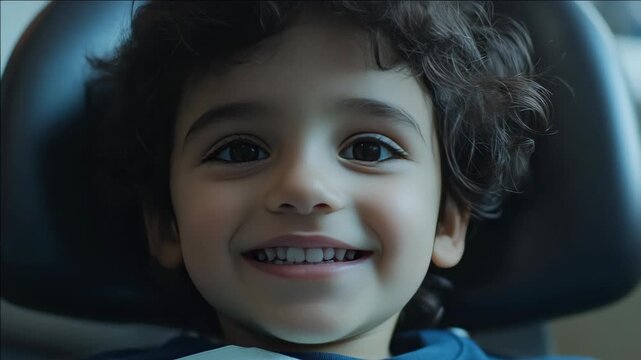 Young child smiles brightly in car seat. Dark curls frame soft, joyful expression. Close-up captures innocence and happiness. Natural lighting highlights child's bright eyes