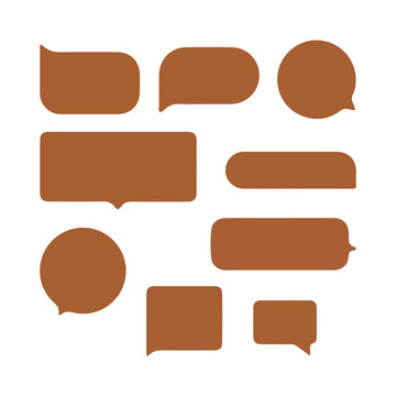 Collection of brown speech bubbles and chat boxes in various shapes and sizes provides versatile communication elements for ui design messaging apps and social media graphics on white background.