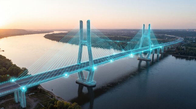 Aerial view of a modern cable-stayed bridge at sunrise with glowing digital wireframe overlay. Concept of smart city infrastructure, digital twin technology, and connectivity.