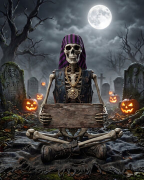 Pirate skeleton sitting in the lotus position, wearing boots and holding a wooden sign with space for text, in a cemetery.