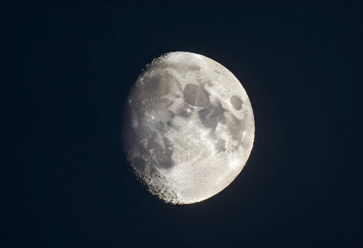 Waning gibbous moon with visible craters and lunar surface details against a dark night sky, astronomy and space exploration
