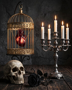 Luxury gothic still life with silver candelabra, golden cage containing a glass heart, and skull.