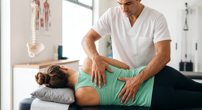 Male physiotherapist stretching spine and lower back of a young woman during rehabilitation treatment in an orthopedic clinic