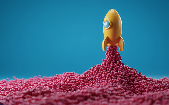 Miniature rocket toy taking off from red industrial raw material with industrial innovation business exploration progress strategy creative abstract motivation development leadership