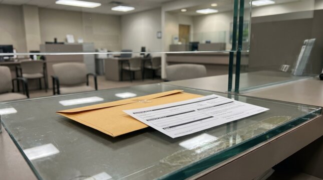 Sealed cash envelope with transfer slip on glass teller counter