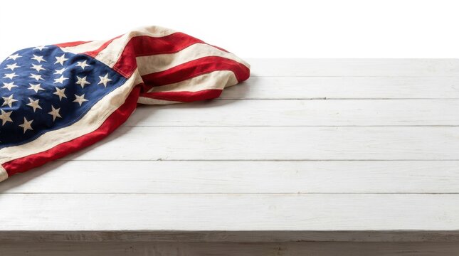 Vintage American flag draped on white rustic wooden table surface texture