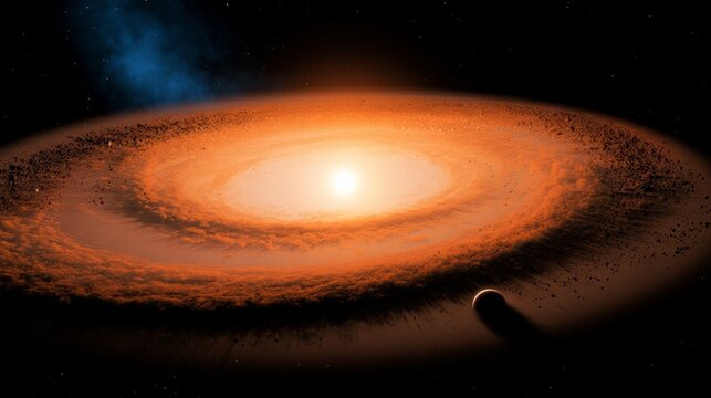 Warped protoplanetary disk around star with glowing rings, dark space background, planet formation concept
