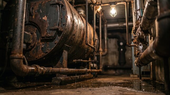 Ancient boiler in dark mechanical room with leaking pipes and deferred upkeep