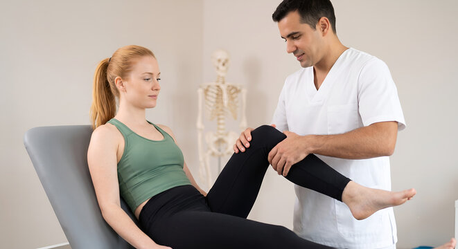 Male physiotherapist testing knee flexion and leg mobility of a young woman sitting on an orthopedic examination table