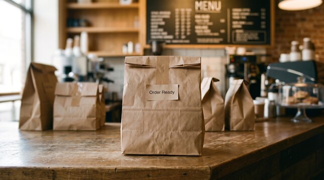 Order ready label on takeout bag at cafe pickup counter