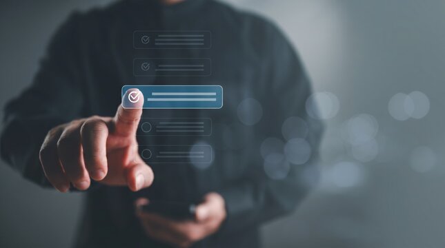 Person selecting option from floating holographic checklist interface with checkmarks and radio buttons, representing digital task management, survey completion or form submission