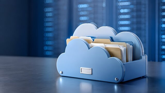 A blue cloud shaped document organizer filled with manila folders sitting on a desk in front of glowing server racks.
