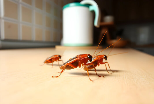 Three brown cockroaches on a kitchen counter, pest control and hygiene concept, home infestation problem