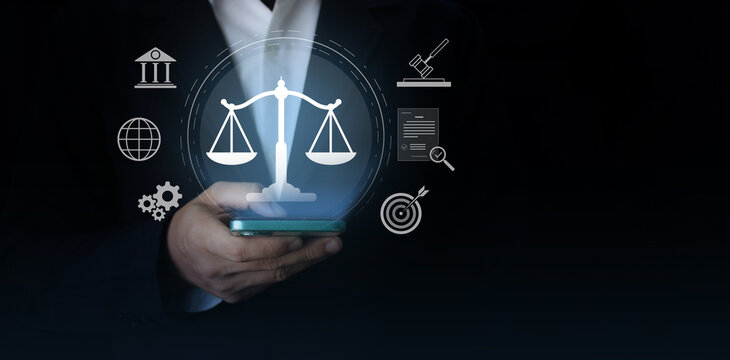 Legal concept with a digital justice scale on a smartphone, representing law, justice, legal compliance, governance, regulation, court services, document review, and professional legal technology.