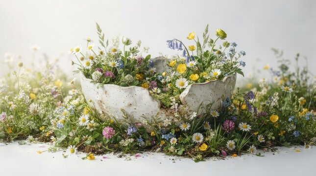 Broken ceramic bowl filled with wild spring flowers and meadow plants