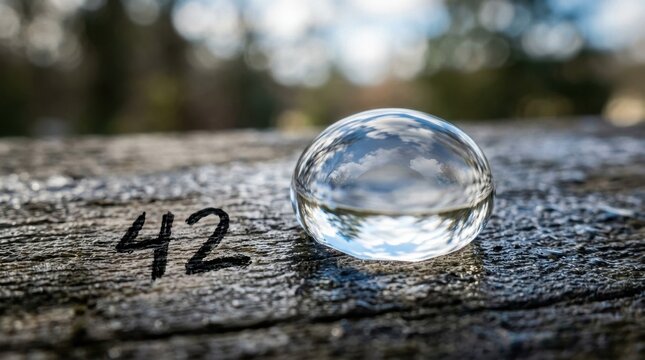 Macro shot of a single transparent water droplet reflecting a cloudy blue sky, resting on a weathered grey textured surface next to the handwritten black number forty-two.
