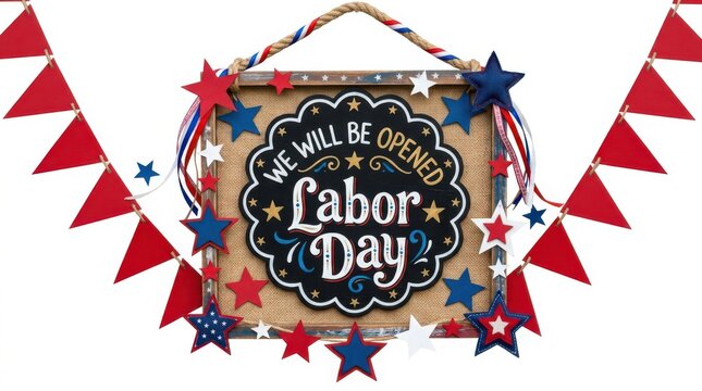 Labor day sign with red and blue star bunting on white background studio