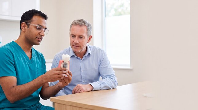 dentist consultation patient tooth model clinic education oral healthcare senior Attentive clinician explains preventive care to an older man for trustworthy dental education and clinic marketing