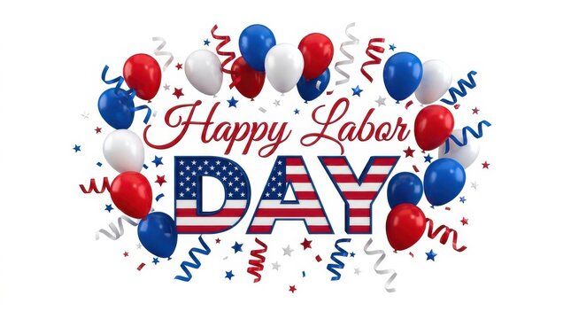 Happy Labor Day greeting with balloons and confetti on white background