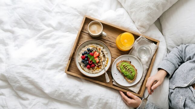 Breakfast in Bed with Oatmeal and Avocado Toast on a Wooden Tray.
