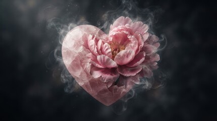 Fototapeta premium Pink flower inside a heart shape with smoke