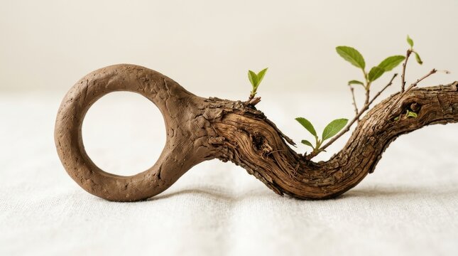 Clay ring attached to a textured tree branch with green leaves