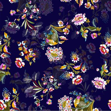 Watercolor flower bouquet seamless pattern on dark navy with seamless, colorful