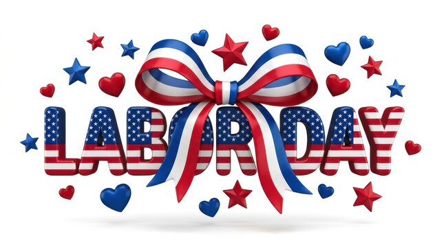 Happy Labor Day decorative text with ribbons and patriotic hearts