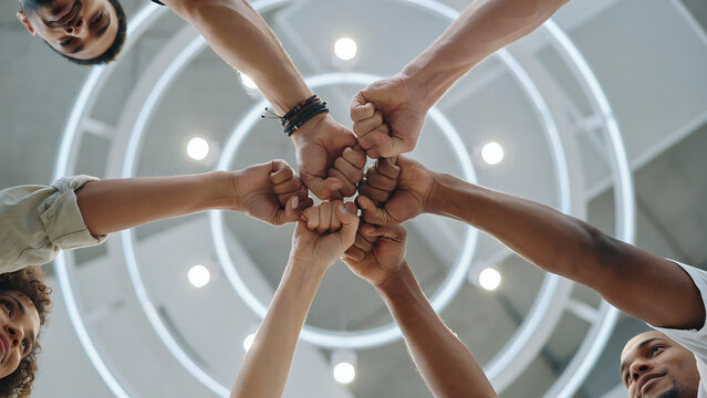 Diverse business team joining fists in unity and collaboration with collaboration business cooperation together partnership diversity motivation corporate achievement agreement connection