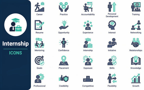 Internship program icons set featuring professional career development concepts internship development professional education training business mentorship learning corporate strategy