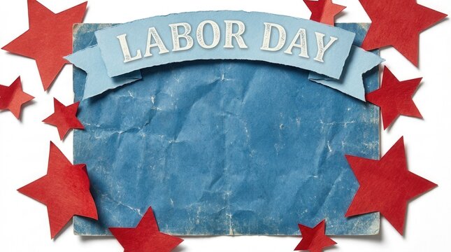 Labor Day blue paper banner with red paper stars on white background