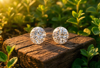 Obraz premium Two brilliant cut diamonds sparkling on a rustic wooden block with green foliage and Warm sunlight, Warm sunlight illuminates the scene, creating a sparkling effect on the gemstones