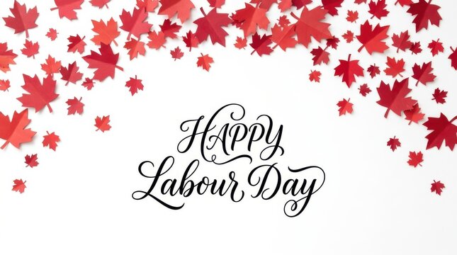 Artistic Happy Labour Day calligraphy with red paper maple leaves