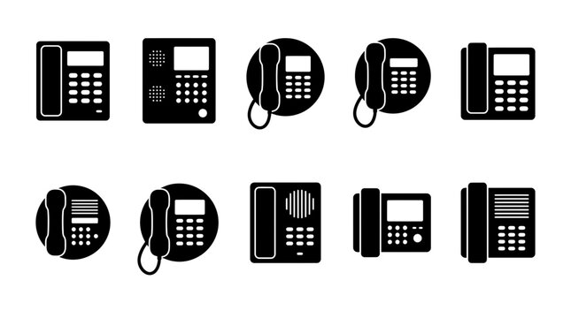 Office Telephone Icon Set Collection with Landline Desk Phone Symbols and Digital Communication Equipment Vector Graphics for Business Interface