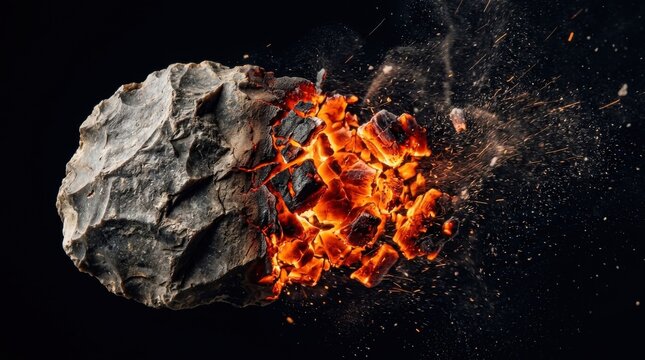 Burning meteorite fragment flying through space