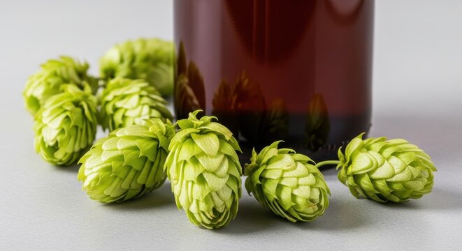 Fresh aromatic green hop cones sit arranged beside a dark brown glass vessel containing brewed ale to emphasize the organic ingredients used for flavoring beer during the professional