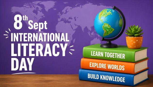 International literacy day graphic with a globe on a stack of books and a world map background