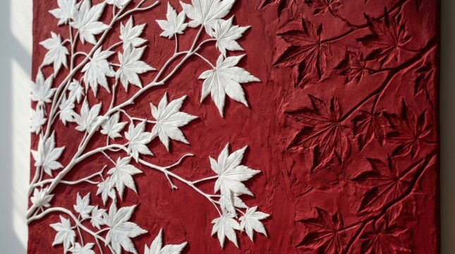Intricate white maple leaf wall sculpture on deep red textured surface