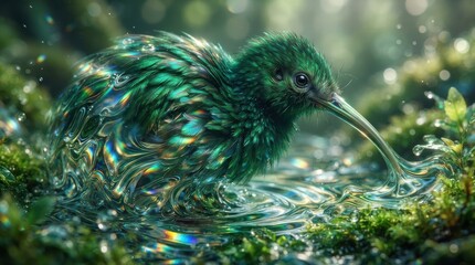 Obraz premium Fantasy green kiwi bird made of liquid glass in a mossy forest stream