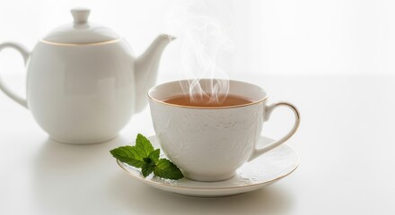 Fototapeta premium A steaming porcelain cup filled with freshly brewed herbal mint tea rests beside a matching teapot as aromatic vapors gently rise into the air creating a peaceful morning beverage serving ritual