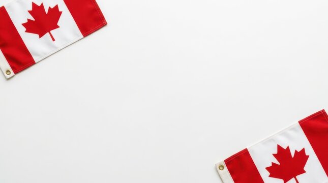 Two Canadian flags on white background with copy space in middle