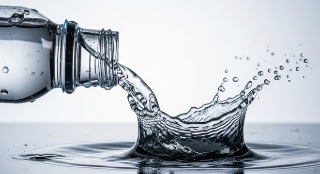 Fresh mineral hydration pours from a translucent plastic vessel creating dynamic ripples and energetic splashes that signify pure health benefits for active lifestyles seeking optimal daily