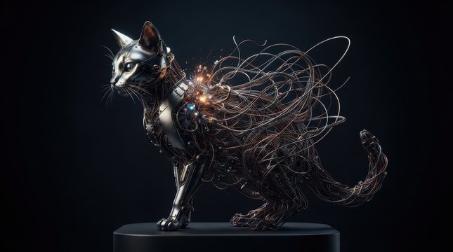 Cybernetic robotic cat with glowing fiber optic wires