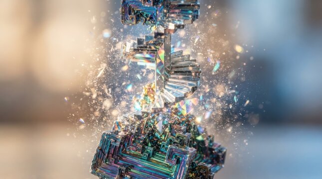 Iridescent bismuth crystal structure with geometric stair-step formations
