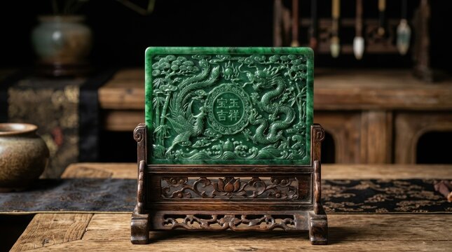 Exquisite Polished Jadeite Screen with Intricate Carved Dragon and Phoenix Details on Ornate Wood Stand