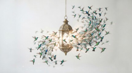 Obraz premium Hummingbirds flying around an ornate glowing metal lantern